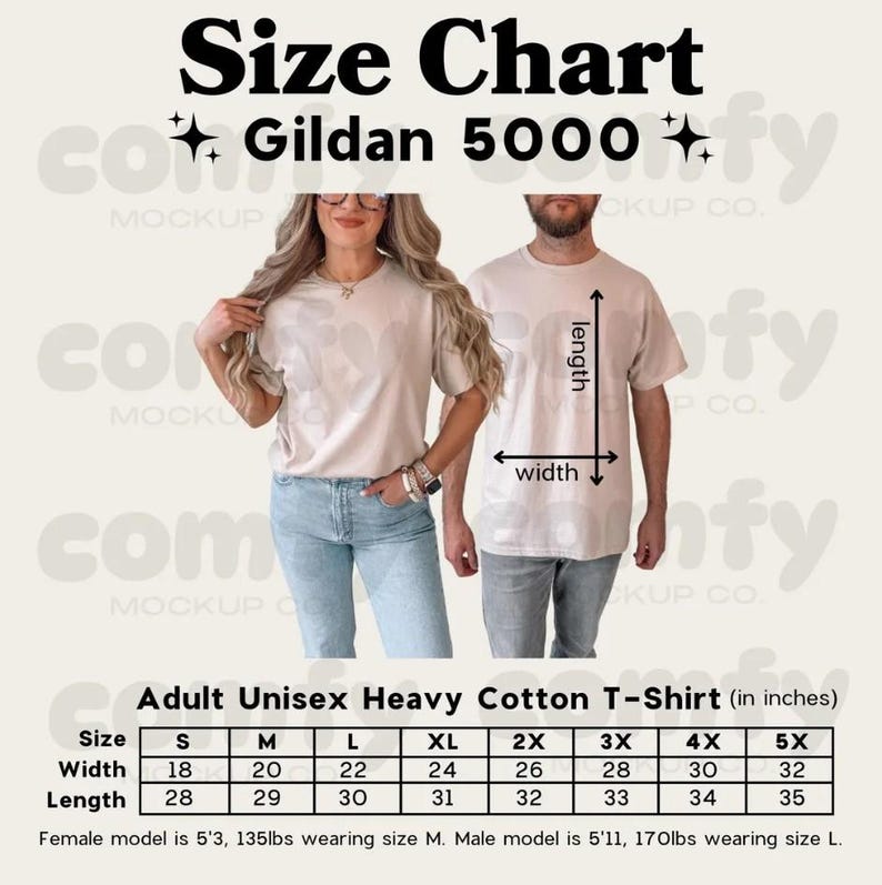 Pu&ograve; includere: Tabella delle taglie per t-shirt unisex Gildan 5000 in cotone pesante. La tabella mostra le misure di larghezza e lunghezza in pollici per le taglie dalla S alla 5XL. Sono mostrati un modello femminile che indossa la taglia M e un modello maschile che indossa la taglia L.