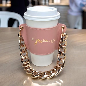 Funda para taza de café con correa de cadena, portavasos para café. La funda está hecha de cuero de PU (personalizada)