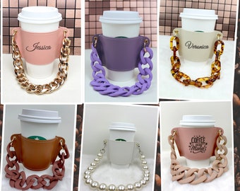 Laser Engraved Coffee Cup Sleeve with Chain Strap, Drink Carrier for Coffee