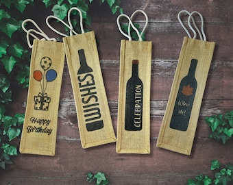Set of 2: Jute Wine Bottle Gift Bags with Sturdy Handles for Wine and Champagne bottles with personalized tag(Mix & Match any style)