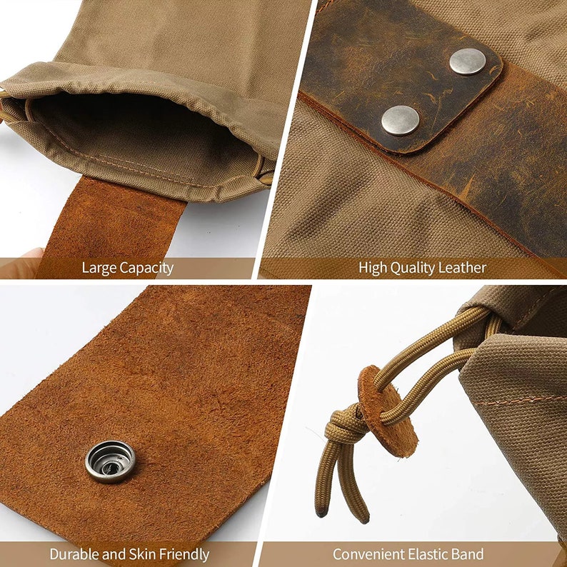 Camping Storage Pouch Collapsible Waxed Canvas Foraging Bag - Leather Hunting Belt Pouch For Mushrooms & Outdoor Use Collapsible Mushroom Hunting Bag Leather Canvas