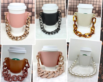 Coffee Cup Sleeve with Chain Strap, Drink Carrier for Coffee. Sleeve is made of PU Leather(Personalized)