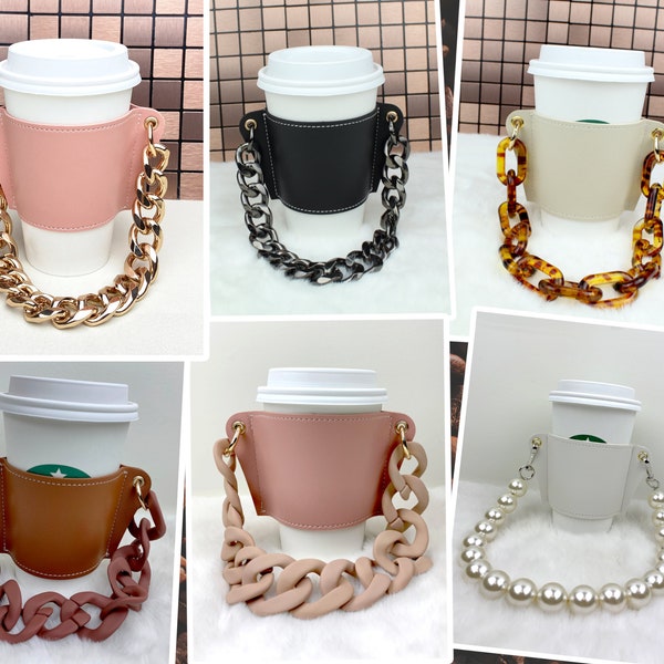 Mother's Day Special: Coffee Cup Sleeve with Chain Strap, Drink Carrier for Coffee. Sleeve is made of PU Leather(Personalized)