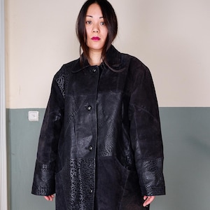 Veste en cuir patchwork noir vintage - Style grunge des années 90 - Manteau tendance - Vêtements d'extérieur rétro uniques - Taille L-XL