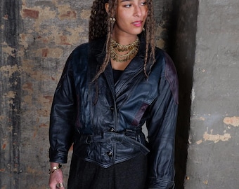 Vintage 80s Leather Jacket | Black green burgundy Color-Block Batwing Fit, Mob Wife Style (XS-S)