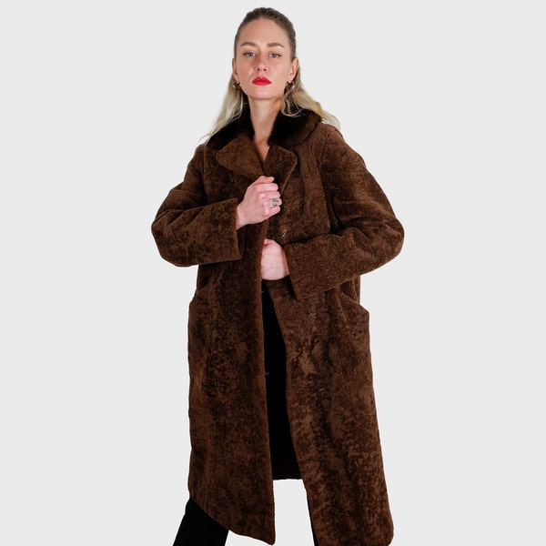 Manteau en peluche marron haut de gamme des années 70 avec col en fourrure véritable taille M, veste vintage en peluche, manteau élégant aspect peluche marron