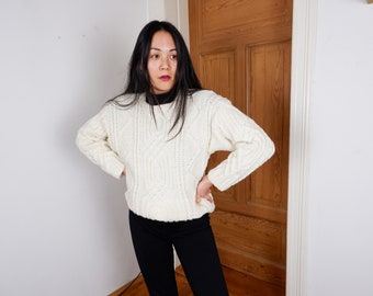 Pull torsadé blanc vintage des années 80 et 90, taille M - L