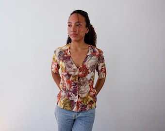 Vintage 80s 90s floral colorful short sleeve button blouse | M