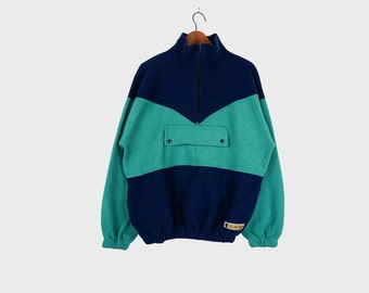 Vintage 80er Jahre Zip Hoodie aus grün blauem Fleece mit einer Fronttasche, Größe L