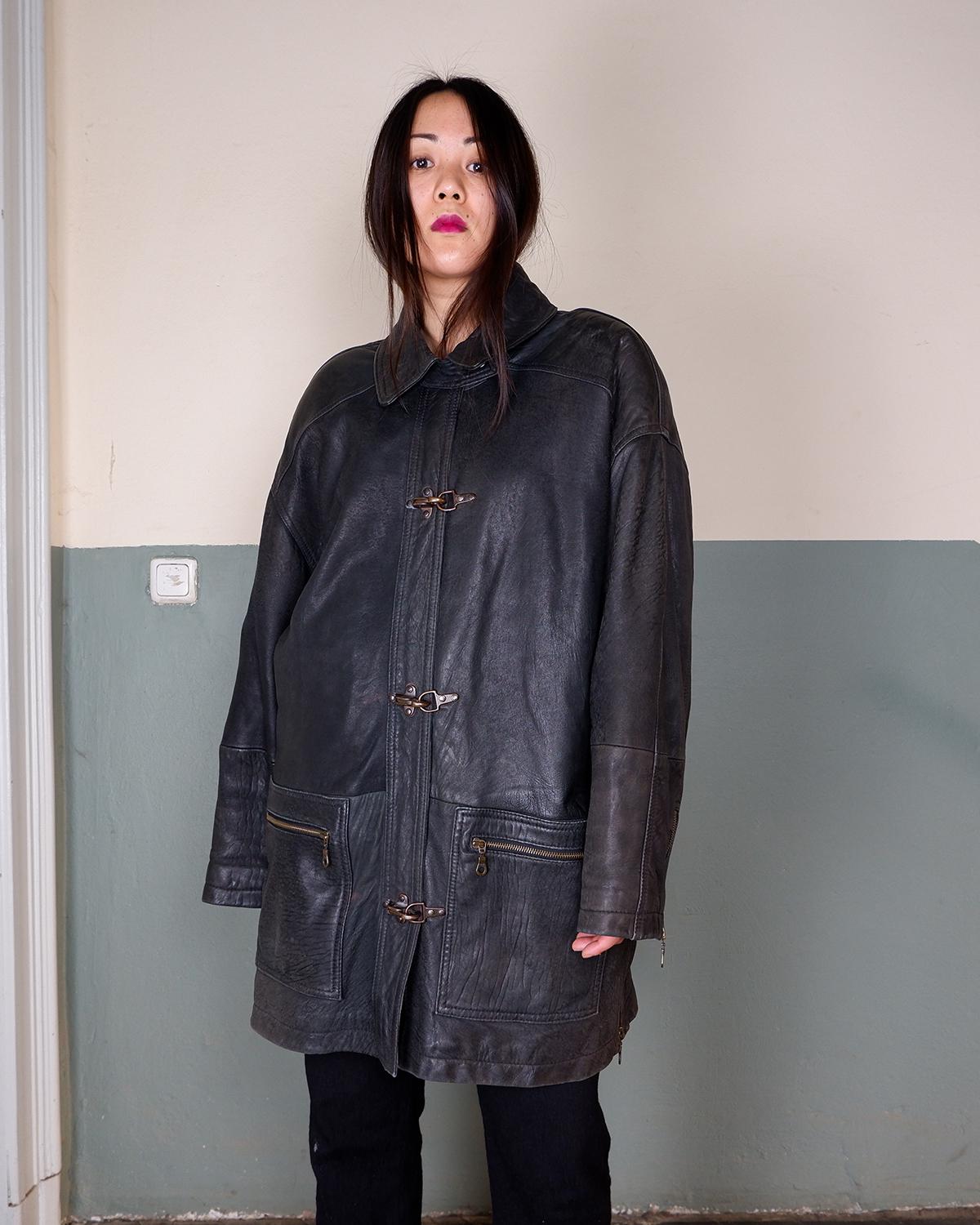 Vintage 80s Black Leather Coat With Fireman Clasp & Shoulder