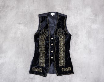 Vintage 90s black velvet long vest with golden embroidery | S-M