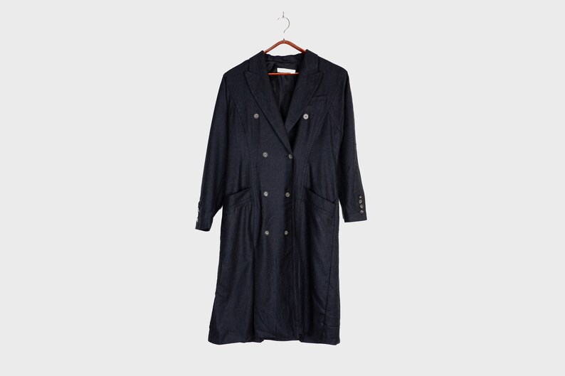 Preloved Schwarz / Dunkelgrau ultradünne zweireihige Kaschmir-Mix-Mantel Größe M, Frühling Sommer leichte dünne lange Frauen Mantel Bild 5