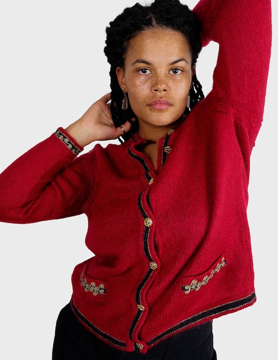 Vintage 80s red mohair mix cardigan grandma style | S