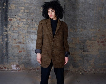 Premium Harris Tweed vintage 90s brown oversized new wool tartan / checkered pattern blazer size XL