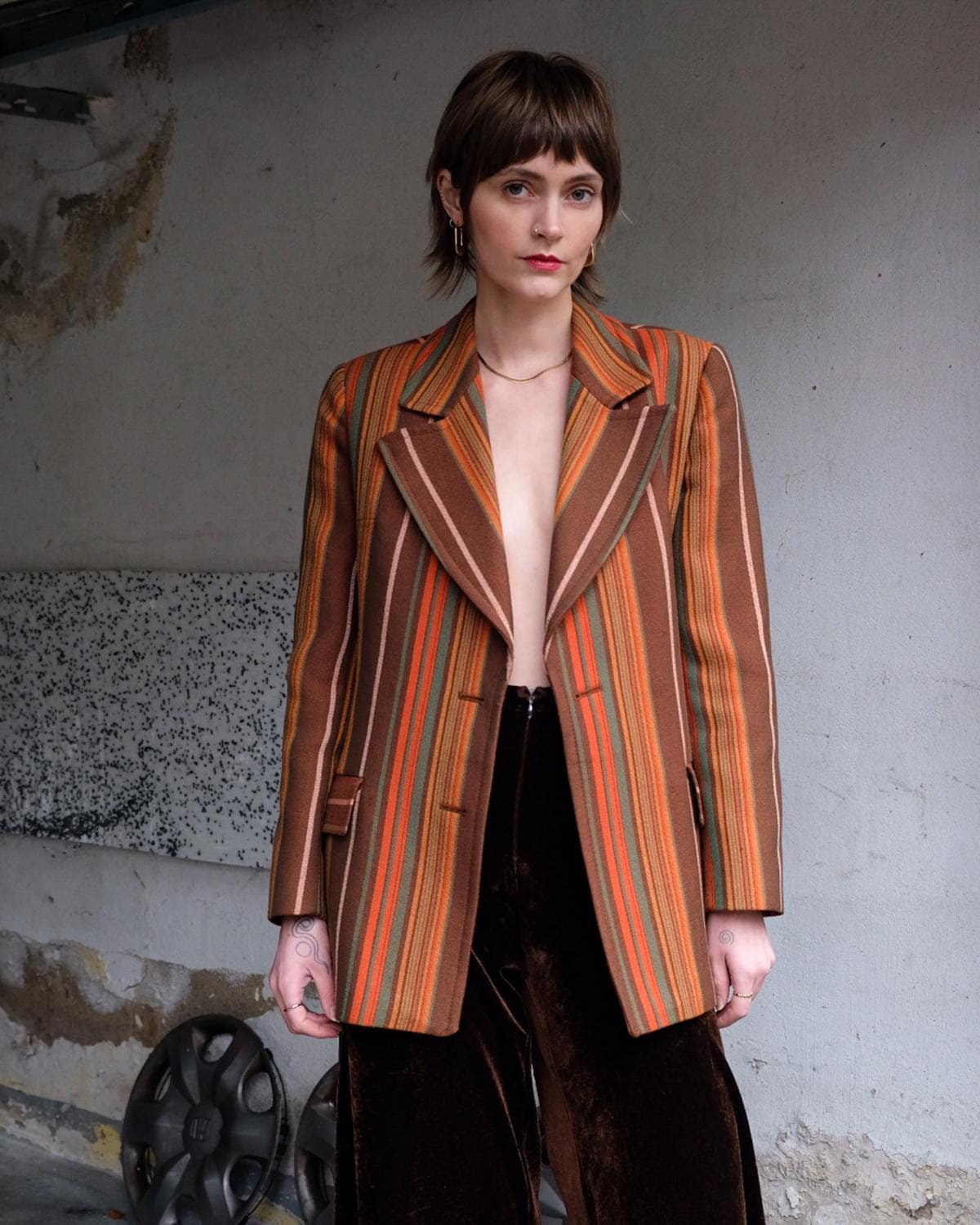 Vintage 70s Striped Blazer: Brown Orange Wool Blend, XS