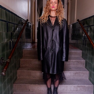 Vintage 90s black long leather button coat (thin) size L - XL, grunge unisex coat