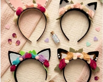 4 headbands for girls: cat, fox, bunny, raccoon.Gift Box