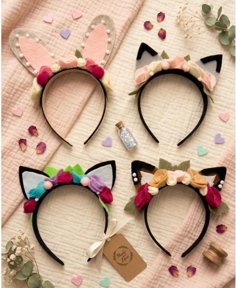 4 headbands for girls: cat, fox, bunny, raccoon.Gift Box