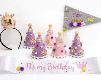 Birthday set butterfly crown, banner, decorated sash, and 6 birthday hats. Suitable for all ages