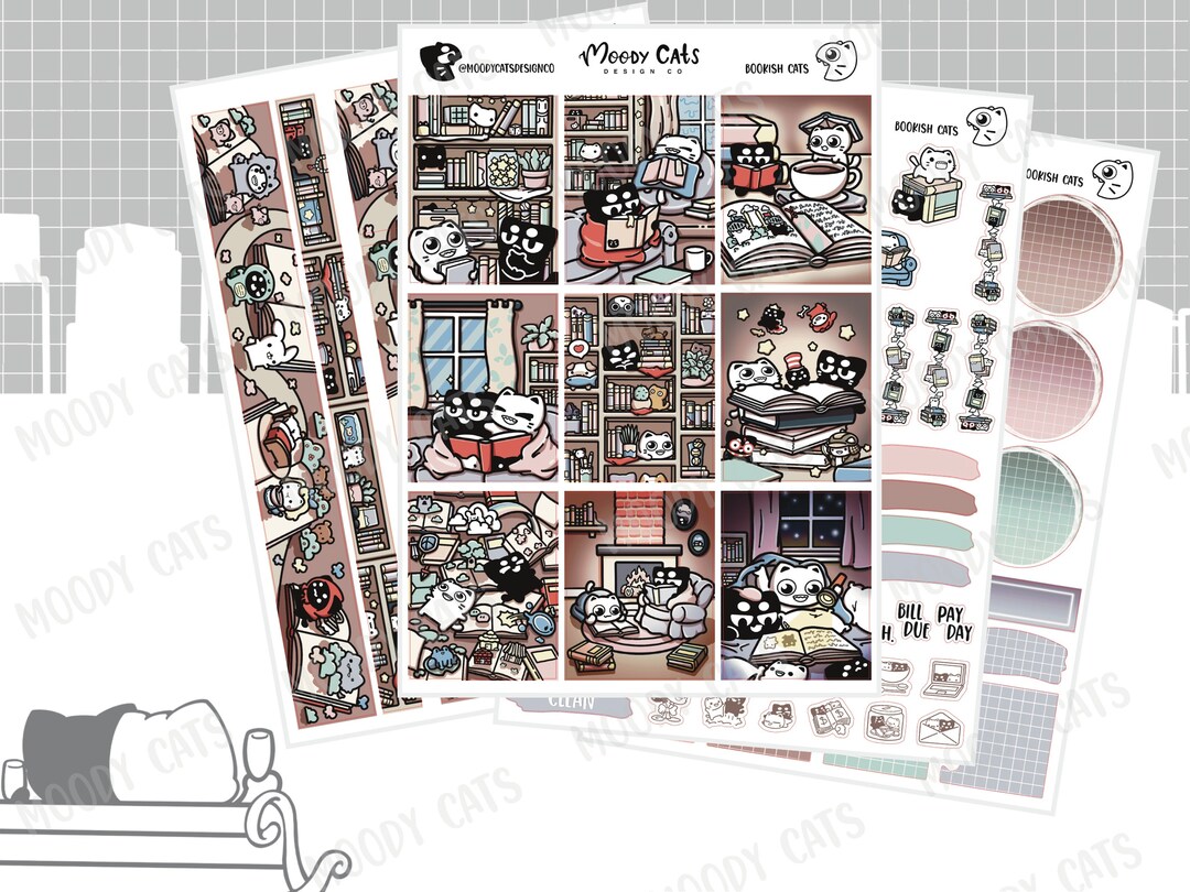 Bookish Cats Vertical Weekly Kit Hand Drawn Planner Sticker - Etsy