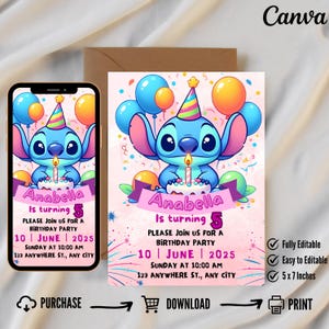 Stitch Editable Birthday Invitation Template Printable Cartoon Birthday Invitation, Stitch Birthday pool Party Invitation, Stitch Bday evite