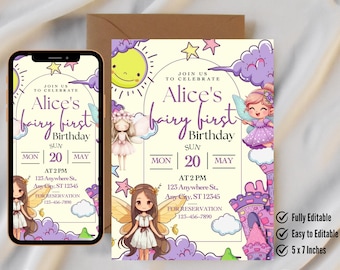 May include: A printable invitation for a first birthday party with a fairy theme. The invitation features a whimsical illustration of a fairy with wings, a castle, and clouds. The text on the invitation reads "Join us to celebrate Alice's fairy first birthday".
