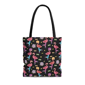 Roller Disco Flamingos on Black Large Tote Bag by Clementine & Fiona Design House
