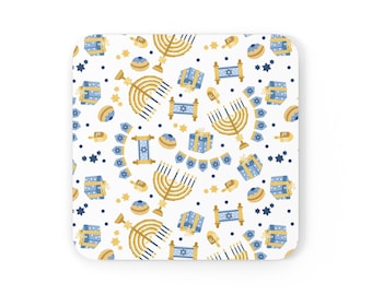 Hannukah on White Cork Back Coaster - Circle, Square