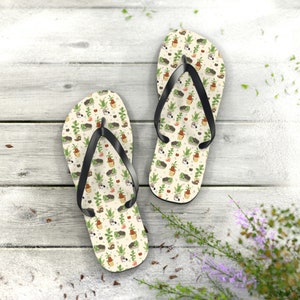 Chlorophyll Cutie Cat Mascot Print Flip Flops - beach sandals, shower shoes, casual footwear, poolside