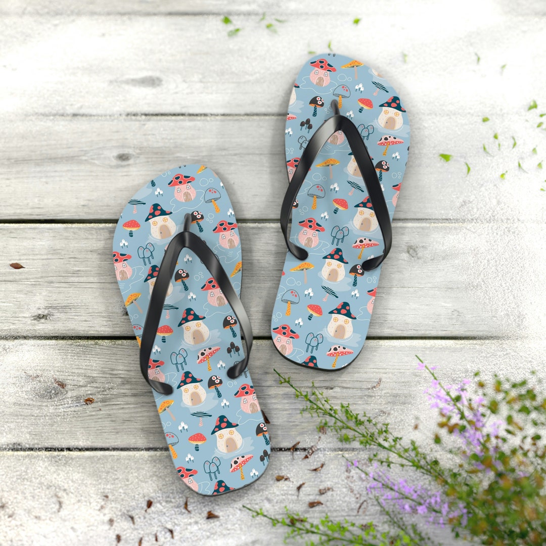 Mushroom Houses Print Flip Flops Beach Sandals, Shower Shoes, Casual