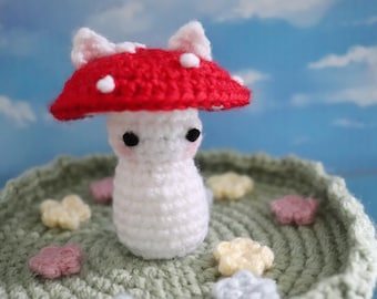 Crochet Mushroom Cat Trinket Jewelry Dish Tray Amigurumi Cute Kawaii