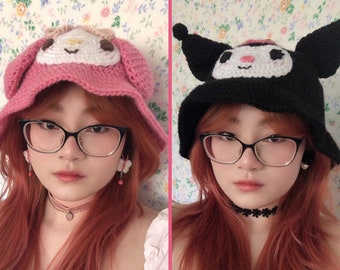 Crochet My Melody and Kuromi Sanrio Bucket Hat Matching Couple Best Friend Kawaii Cute Bunny Rabbit