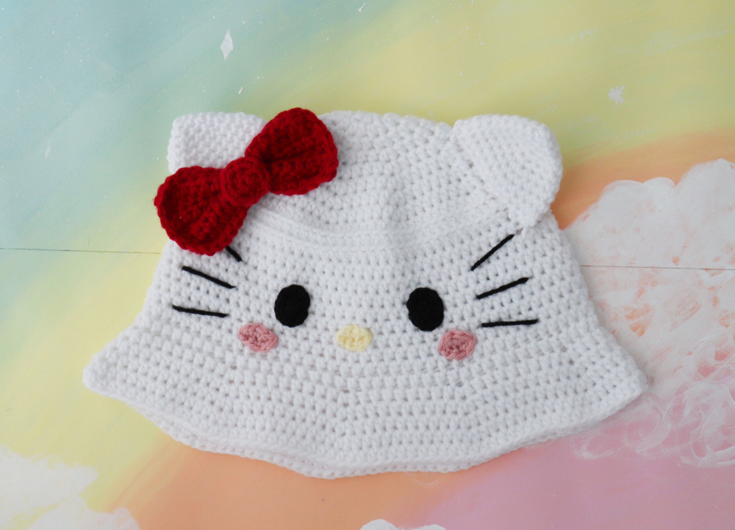 Hello Kitty White & Pink Crochet Hat with Bow Lovingly Made By The Stitch Fairy Crochet in Color: Hello Kitty Hat Pattern main image 4