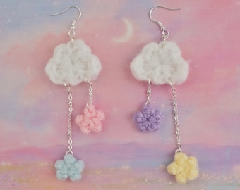 Crochet Cloud Flowers Earrings Asymmetrical Fishhook Dangle Drop Earrings Cute Gift