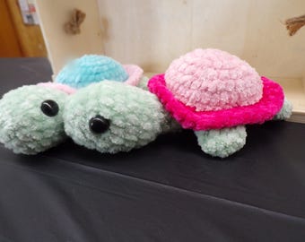 Crochet Chenille Yarn Amigurumi Cute Pink and Blue Baby Turtles Plushie Toy