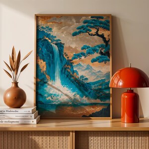 Impression d&#39;affiche cascade japonaise - gravure sur bois japonaise traditionnelle de style Hokusai - Art mural cascade japonais - style art japonais Hokusai