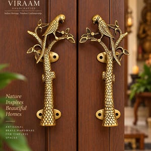 Brass Parrot Door Handles, 8" Bird Tree Pull Handle Pair, Antique Brass Main Door Hardware, Indian Decorative Handles