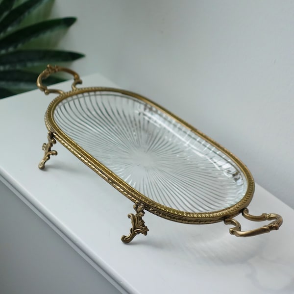 Gold Vintage Oval Glass Tray Handles Metal Decorative Drinks Tray Gatsby Inspired Art Deco Regency Cottagecore Faerycore Accessories Tray