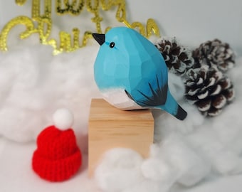 Mountain Bluebird 2 Statue Wooden Hand Carved Painted Bird Ornaments