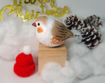 Zebra Finch Figurine Hand Carved Painted Wooden