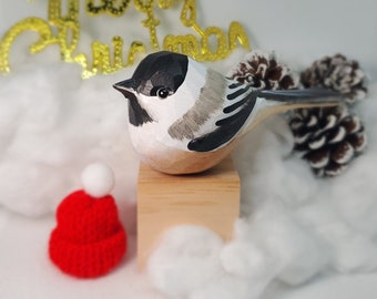 Chickadee Bird Figurine Hand Carved Painted Wooden