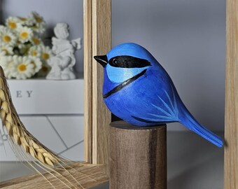 Splendid Fairywren Wood Figurine, Hand-Painted Artisanal Décor, Unique Bird Collector's Piece, Eco-Friendly Home Accessory