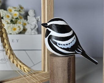 Handcrafted Black and White Warbler Figurine | Unique Hand-Painted Wooden Bird Decor