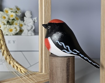 Artisan-Crafted Red-Capped Robin Figurine, Unique Hand-Painted Wooden Bird, Perfect Gift for Nature Lovers, Home Decor Accent Piece