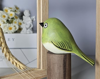 Warbling White-eye Wood Figurine, Hand-Painted Artisan Creation, Bird Lover's Delight, Eco-Friendly Home Décor