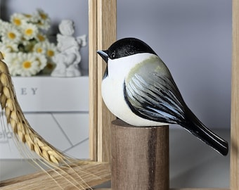 Handcrafted Black-Capped Chickadee Figurine | Unique Hand-Painted Wooden Bird Decor