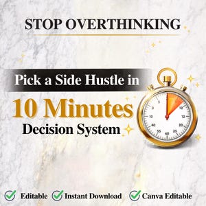 Op de afbeelding: Een digitale afbeelding met de tekst "STOP OVERTHINKING" en "Pick a Side Hustle in 10 Minutes Decision System". Een gouden stopwatch toont de tijd. De afbeelding bevat ook de woorden "Editable", "Instant Download" en "Canva Editable".
