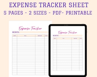 May include: Two printable expense tracker sheets. The sheet on the left is a white sheet of paper with the words "Expense Tracker" in purple text. The sheet on the right is a digital tablet screen with the words "Expense Tracker" in purple text. Both sheets have columns for date, bill, amount, and paid.