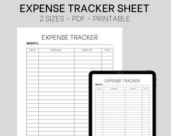 May include: A printable expense tracker sheet in two sizes. The sheet has columns for date, expense, amount, and paid. The sheet is designed to be used for tracking personal or business expenses.