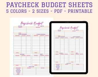 Op de afbeelding: Twee printbare budgetbladen met de titel "Paycheck Budget" in roze en paarse tekst. De bladen zijn verdeeld in secties voor inkomsten, vaste uitgaven, andere uitgaven, besparingen en schulden. Elke sectie heeft kolommen voor bron, budget en daadwerkelijk.
